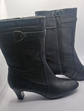 Cole Haan Black Mid-Calf Heeled Boots with Buckle Detail